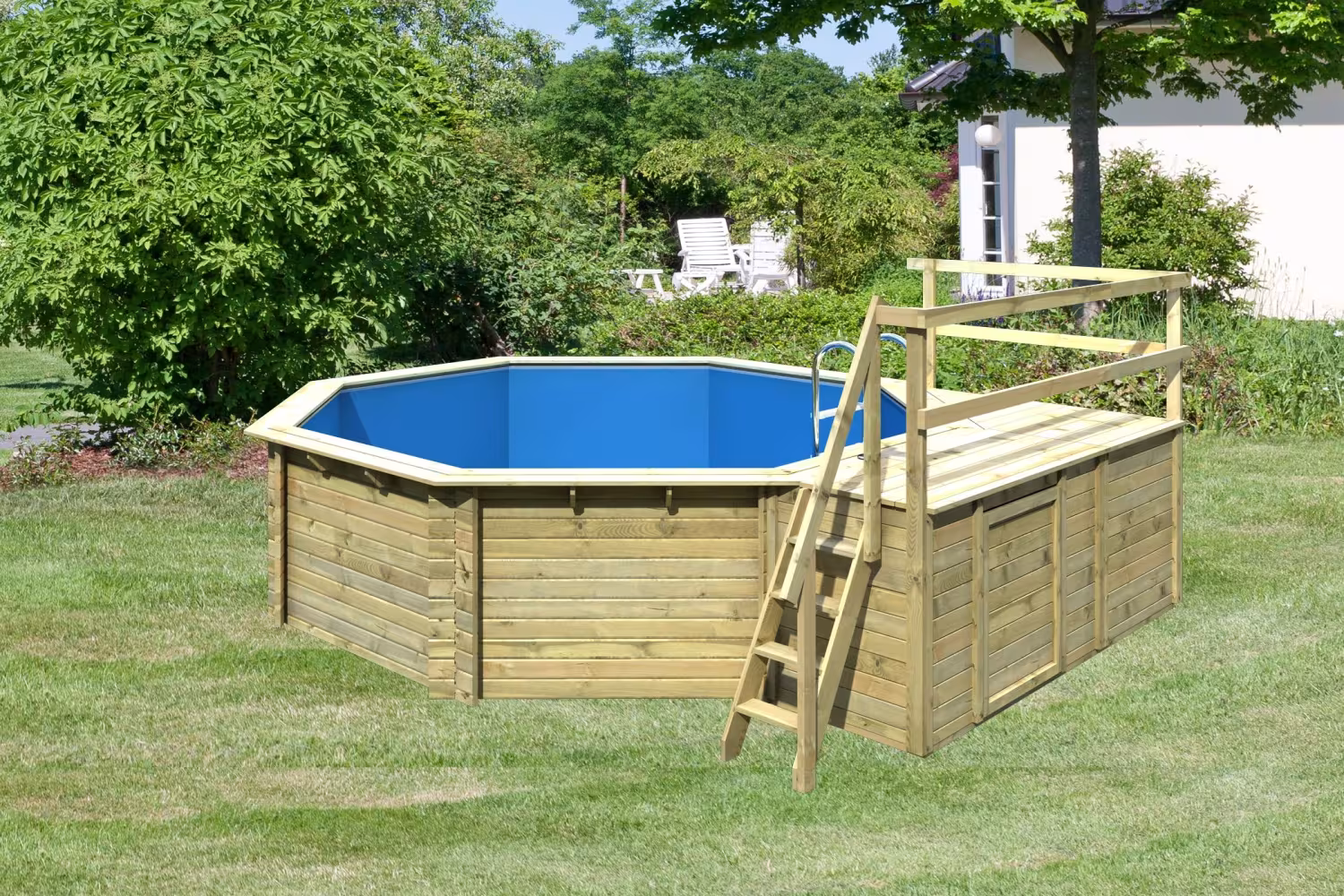 Trend Holzpool SET Achteck Modell 1 mit Sonnenterasse Front und 1x Seite