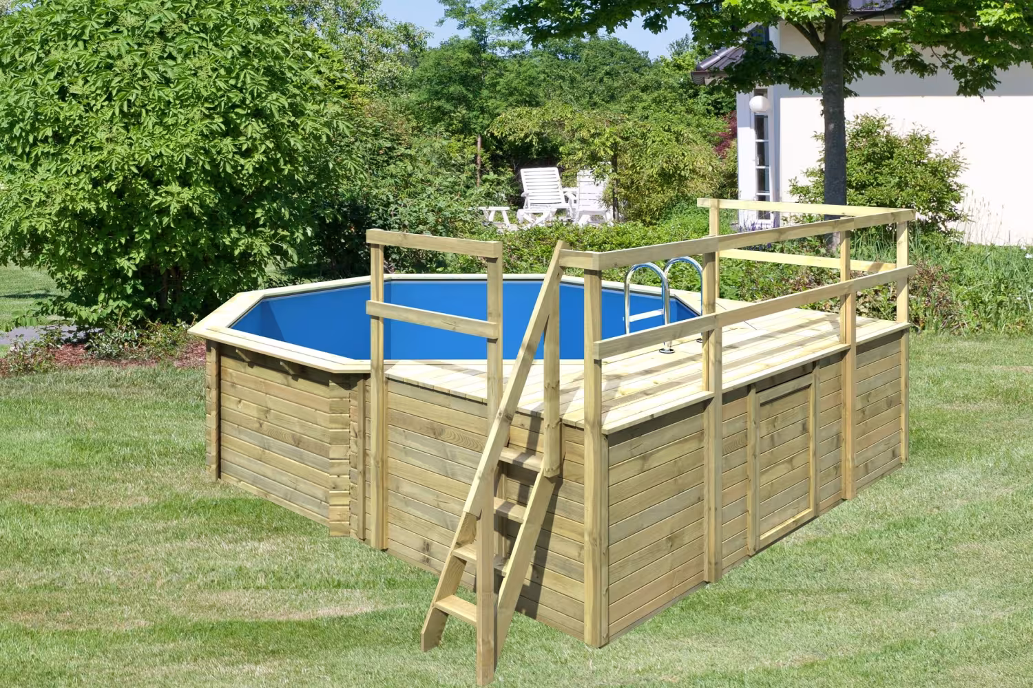 Trend Holzpool SET Achteck Modell 1 mit Sonnenterasse Front und 2x Seite