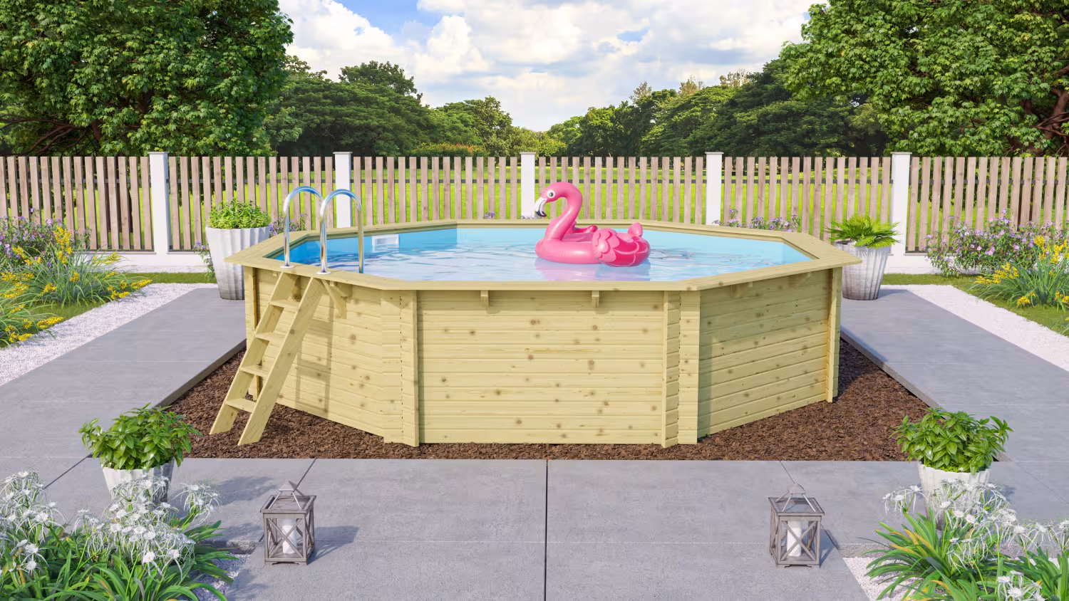 Trend Holzpool SET Achteck Blockbohlenecke blau 547x547x124cm