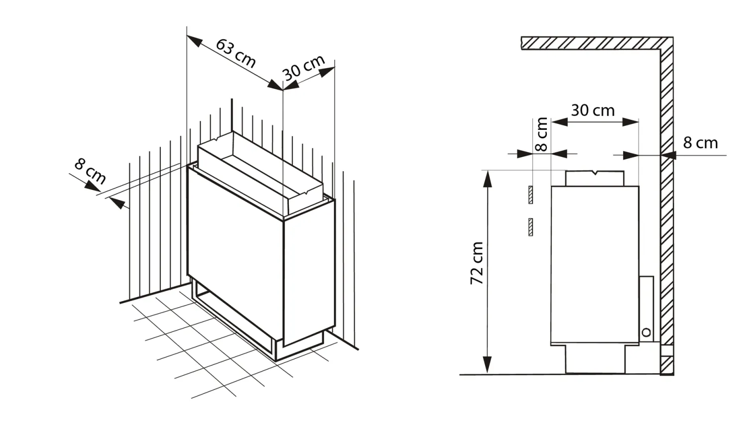Finnischer Saunaofen P1+ von EOS (Standausführung) - Maßplan P1+ von EOS