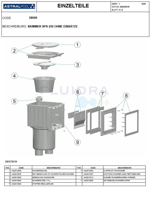 Ersatzteile Astral Skimmer SPS 250